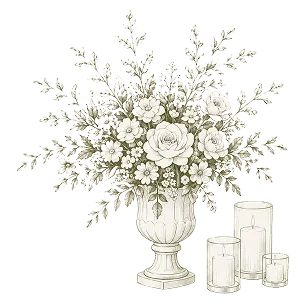 Illustration of a floral bouquet in a decorative vase with four lit candles nearby.