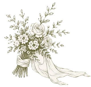Hand-drawn elegant bouquet of roses, small flowers, leaves tied with a flowing ribbon.
