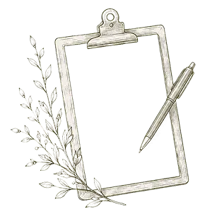 Blank clipboard with pen and decorative laurel branch on the left side.