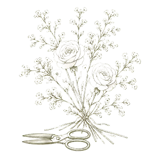 Vintage-style illustration of two roses with sprigs and a pair of scissors on black background.