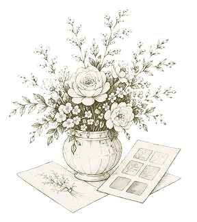 Detailed monochrome drawing of flowers in a vase with two floral design sketches underneath.