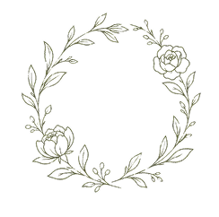 Delicate circular laurel wreath with hand-drawn leaves and flowers on black background.