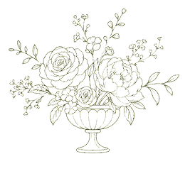 Elegant line drawing of a floral arrangement with roses and leaves in a decorative vase.