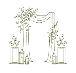 Decorative floral arch with draped fabric, tall vases, and lanterns in a ceremony setup design.