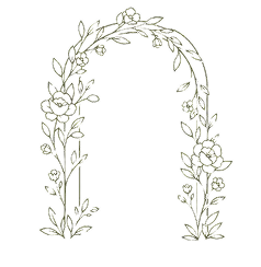 Delicate floral arch with roses, buds, and leaves in a hand-drawn style on a black background.