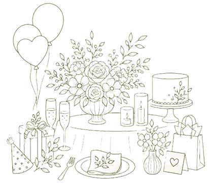 Line art of a floral centerpiece, cake, gifts, balloons, candles, and party decorations on a table.